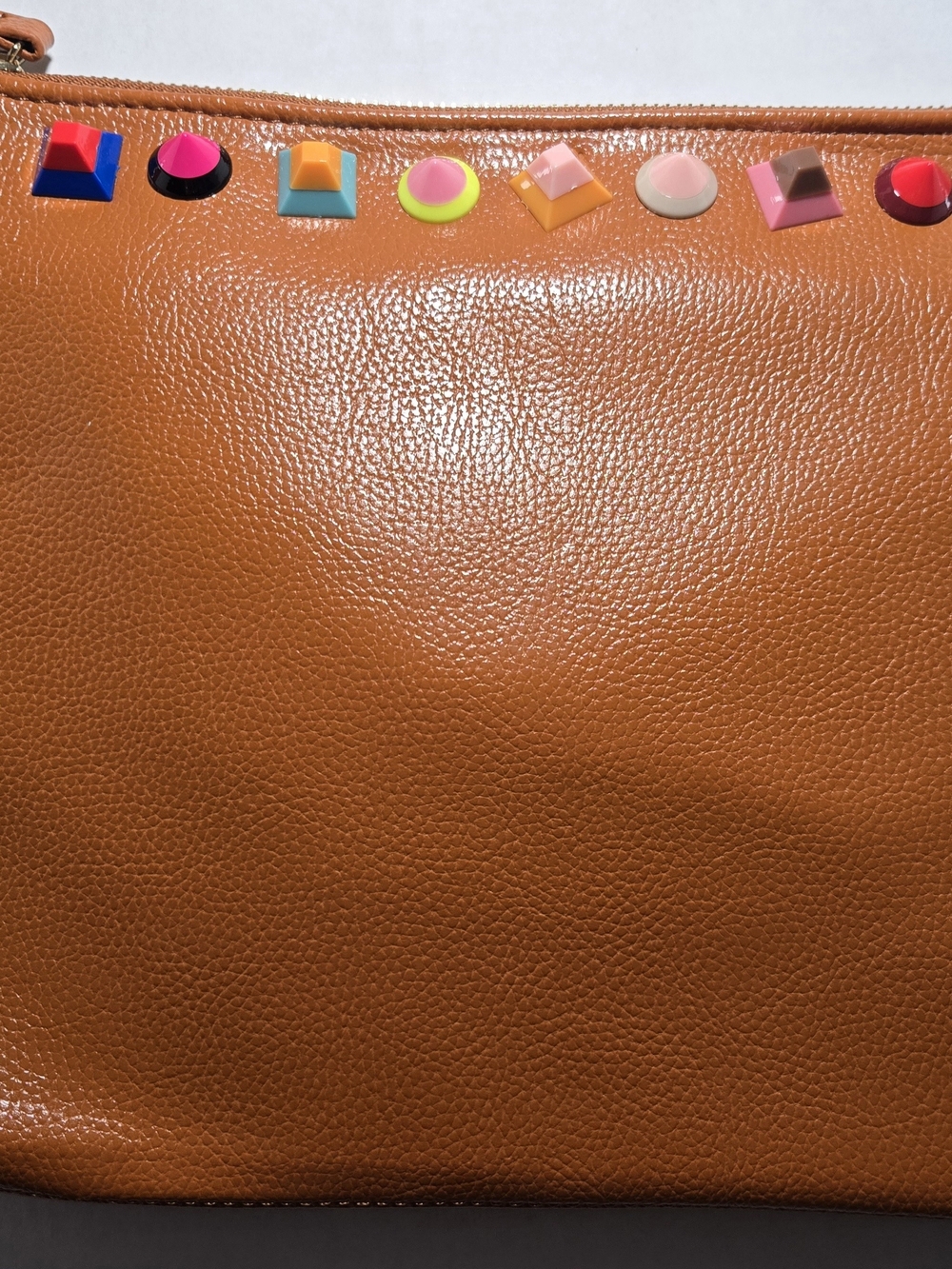 Tan Leather Wristlet Clutch with Colorful Stud Accents